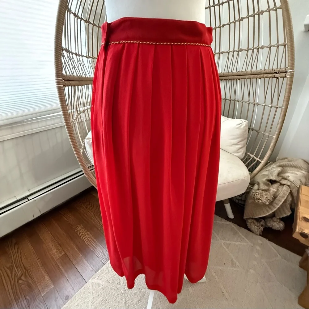 Vintage Herman Geist Red Pleated Midi Skirt Gold Trim Made In USA Size 12‎